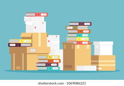 Pile of cardboard boxes, paper documents and office file folders isolated. Unorganized messy papers, paperwork vector concept. File stack, pile of paper document illustration