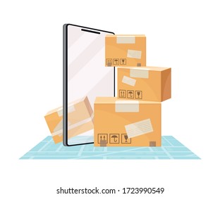 Pile of Cardboard Boxes and Screen of Smartphone with Navigation System Vector Illustration