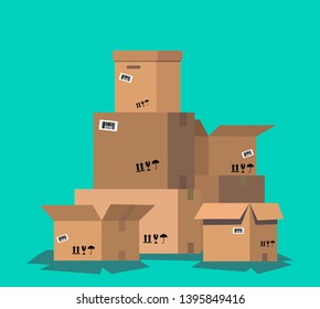 Pile cardboard boxes set. Carton delivery packaging open and closed box with fragile signs. Vector illustration in flat style