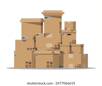 Pile cardboard boxes set. Carton delivery packaging open and closed box with fragile signs. Vector illustration in flat style