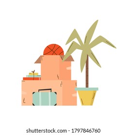 Pile of cardboard boxes, suitcase and other belongings. Relocation, moving concept. Vector illustration