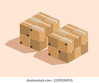 Pile of cardboard packages in the warehouse vector illustration. multiple cardboard box packages vector. Delivery shipping concept flying cardboard package boxes background. Stacked cardboard boxes.