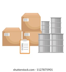 pile carton boxes with checklist and barrels