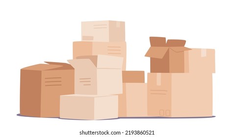 Pile of Carton Boxes Isolated on White Background. Donation or Humanitarian Aid to Poor People and Refugees in Need. Social Help, Carton Packages for Relocation or Parcels. Cartoon Vector Illustration