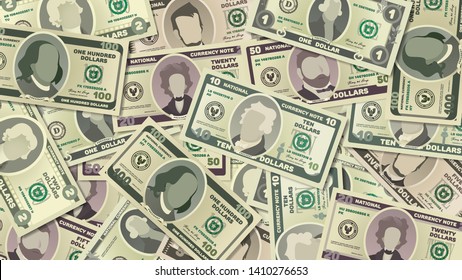 Pile of cartoon dollar banknotes of different denominations - Vector illustration