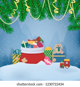 Pile of cartoon gift boxes with bows and ribbons, full Santas bag, toy. Fir branch, garland, serpentine. Sack full of colourfull present. Vector illustration