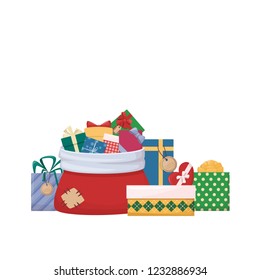 Pile of cartoon gift boxes with bows and ribbons, Santa Claus bag. Sack full of colourfull present. Vector illustration