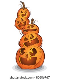 Pile of Carved Halloween Pumpkins Cartoon Characters