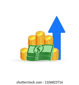 Pile of cash and arrow up vector illustration.