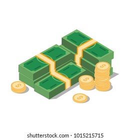 Pile of cash and coins. Vector Isolated.