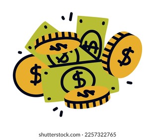 Pile of Cash Money with Dollar Banknotes and Gold Coins Vector Illustration