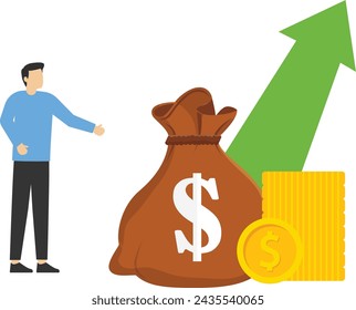 Pile of cash with red rising graph with upward arrow vector illustration, concept of business success, financial growth diagram, aim reaching, analytics, report presentation symbol, isolated on white

