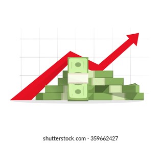 Pile of cash with red rising graph with upward arrow vector illustration, concept of business success, financial growth diagram, aim reaching, analytics, report presentation symbol, isolated on white svg