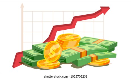 Pile Of Cash Vector. Red Rising Graph Concept. Business Growth. Investment Banking Financial Success. Isolated Flat Illustration