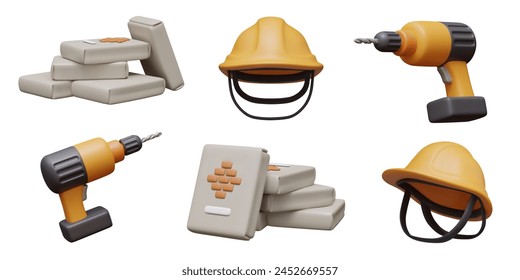 Pile of cement bags, yellow hard hat, cordless electric drill. Set of realistic elements