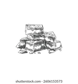A pile of cheese cubes ink sketch. Parmesan brick pieces heap. Milk food production. Hand drawn engraved vector illustration of healthy snack, recipe ingredient, menu decoration isolated