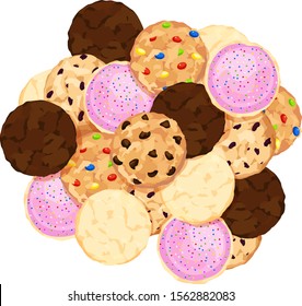 Pile of chocolate chip, oatmeal raisin, fudge, sugar, candy, and icing and sprinkle cookies in a flatlay view. Isolated vector illustration.