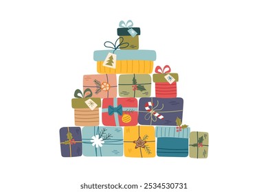 Pilha de caixas de presente de Natal isolado no fundo branco. Conceito de Natal. Presentes de Natal.