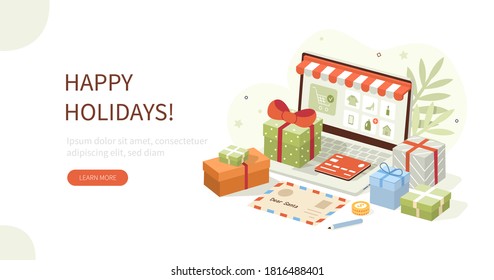Pile Christmas Gift Boxes Standing on Desk. Laptop Screen Showing Online Shop with Different Products and Holiday Presents. Online Christmas Shopping Concept. Flat Cartoon Vector Illustration.