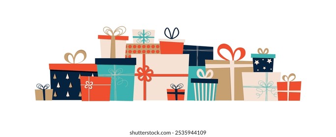 Stapel von Weihnachtsgeschenkschachteln in Packpapier mit Bändern und Bögen. Stapel Geschenke für den Winterurlaub. Ferienkisten. Weihnachtsgeschenke auf weißem Hintergrund.