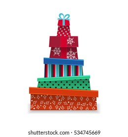 Pile of Christmas gifts. Christmas tree made of gifts. Isolated vector illustration on white background.