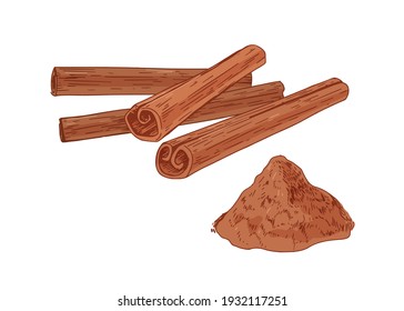 Pile of cinnamon sticks and heap of aromatic baking cinamon powder isolated on white background. Composition with canella seasoning. Colored hand-drawn vector illustration of sweet winter condiment