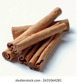 A pile of cinnamon sticks rests on a white background, their rich brown color and slightly rough texture are visible in a close-up shot, showcasing the natural beauty of this popular spice.