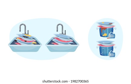 Pile of Clean and Dirty Dishes and Utensils Rested in Sink Vector Set