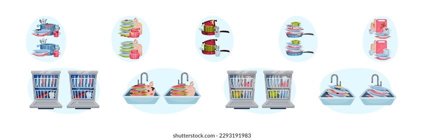 Pile of Clean and Dirty Dishes and Utensils Vector Set