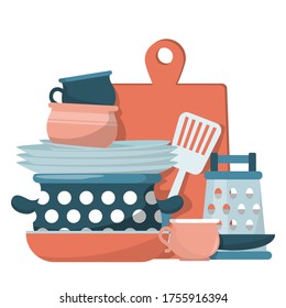 Pile of clean kitchenware vector isolated. Cooking pan and dishes, domestic work. Food cooking concept.
