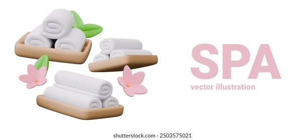 Pile of clean rolled towels on wooden plate. Vector template for concepts of cleanliness