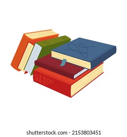 pile of closed books for study. Cartoon paper notebook vector illustration of books with bookmarks, textbook from library