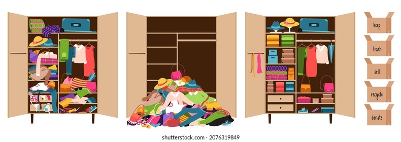 A pile of clothes, a closet littered with clothes and a wardrobe with things neatly laid out on the shelves. Boxes with inscriptions - donate, sell, keep, trash, recycle. Color vector illustration.