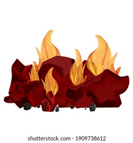 Pile of coal, charcoal burning in flame isolated on white background. Detailed, bright bonfire in cartoon style, clipart or design element. Barbecue, grille fire for Cook. 