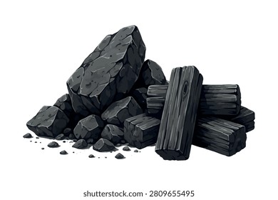 Pile Of Coal And Timber Logs Vector Illustration anthracite