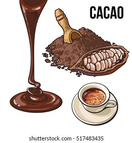 Pila de cacao en polvo, fruta de cacao, taza de chocolate caliente y trozo de arriba hacia abajo, esbozar ilustración vectorial aislada en fondo blanco. Polvo de cacao, frijoles de cacao, chocolate caliente, chocolate