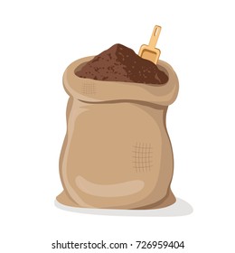 Pile Cocoa Powder in sack with spoon. Dark cacao in a bag. Vector illustration flat design.