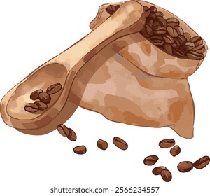 Pile of coffee bean in jute sack. Watercolor vector illustration of brown roasted beans in bag. Hand drawn fresh coffee beans in a rustic jute sack. Good for product label, perfume ingredient