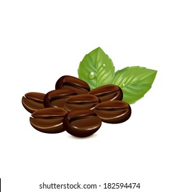 pile of coffee beans with leaves isolated on white background