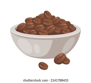 Pile of coffee beans in white bowl cartoon vector illustration