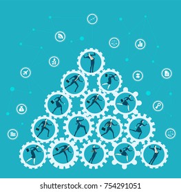 A pile of cogs and gears, rotated by working people. 