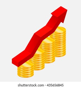 Pile of coin with red rising graph with upward arrow, concept of business success, financial growth diagram, isolated on white.