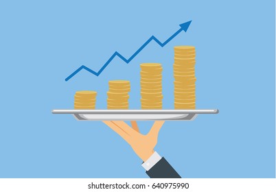 Pile of coin set in silver tray on hand. Illustration about financial goal.