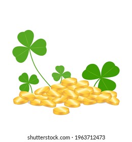 A pile of coins in clover isolated on white background. Vector illustration.