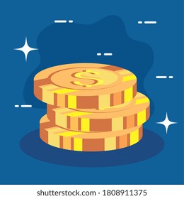 pile of coins dollar icons on blue background vector illustration design