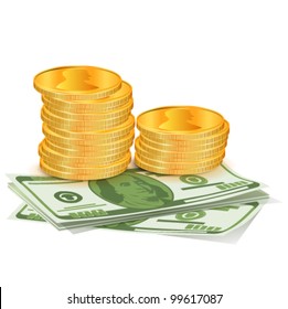 Pile of coins with dollars. Vector illustration