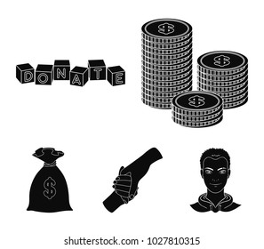 A pile of coins for donations, colored cubes with an inscription, a handshake, a bag of money for donations. Charity and donation set collection icons in black style vector symbol stock illustration