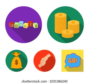 A pile of coins for donations, colored cubes with an inscription, a handshake, a bag of money for donations. Charity and donation set collection icons in flat style vector symbol stock illustration