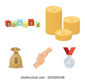 A pile of coins for donations, colored cubes with an inscription, a handshake, a bag of money for donations. Charity and donation set collection icons in cartoon style vector symbol stock illustration