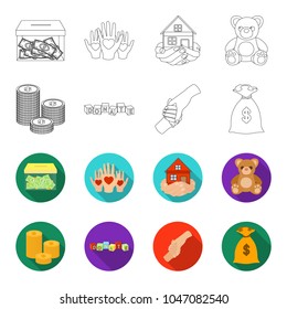 A pile of coins for donations, colored cubes with an inscription, a handshake, a bag of money for donations. Charity and donation set collection icons in outline,flet style vector symbol stock